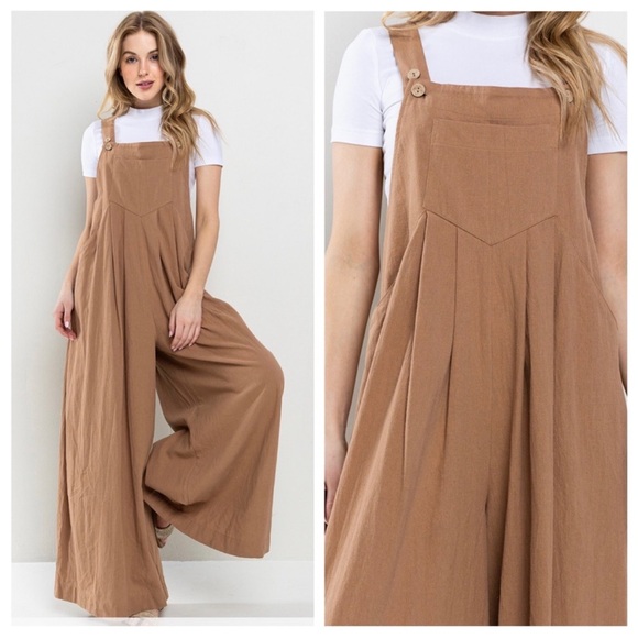 NEW Boho Solid Linen Three Button Wide Leg Jumpsuit - Picture 3 of 10